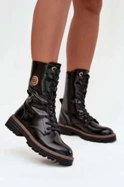 Damskie Boto Lakierowane Botki Workery Damskie Ze Złotym Detalem Ocieplane Czarne Dorialine