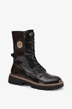 Damskie Boto Lakierowane Botki Workery Damskie Ze Złotym Detalem Ocieplane Czarne Dorialine