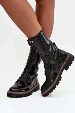 Damskie Boto Lakierowane Botki Workery Damskie Ze Złotym Detalem Ocieplane Czarne Dorialine