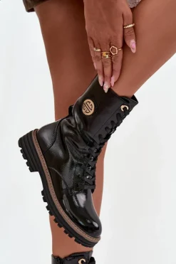 Damskie Boto Lakierowane Botki Workery Damskie Ze Złotym Detalem Ocieplane Czarne Dorialine