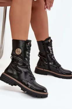 Damskie Boto Lakierowane Botki Workery Damskie Ze Złotym Detalem Ocieplane Czarne Dorialine