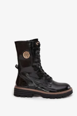 Damskie Boto Lakierowane Botki Workery Damskie Ze Złotym Detalem Ocieplane Czarne Dorialine