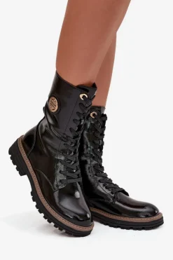 Damskie Boto Lakierowane Botki Workery Damskie Ze Złotym Detalem Ocieplane Czarne Dorialine