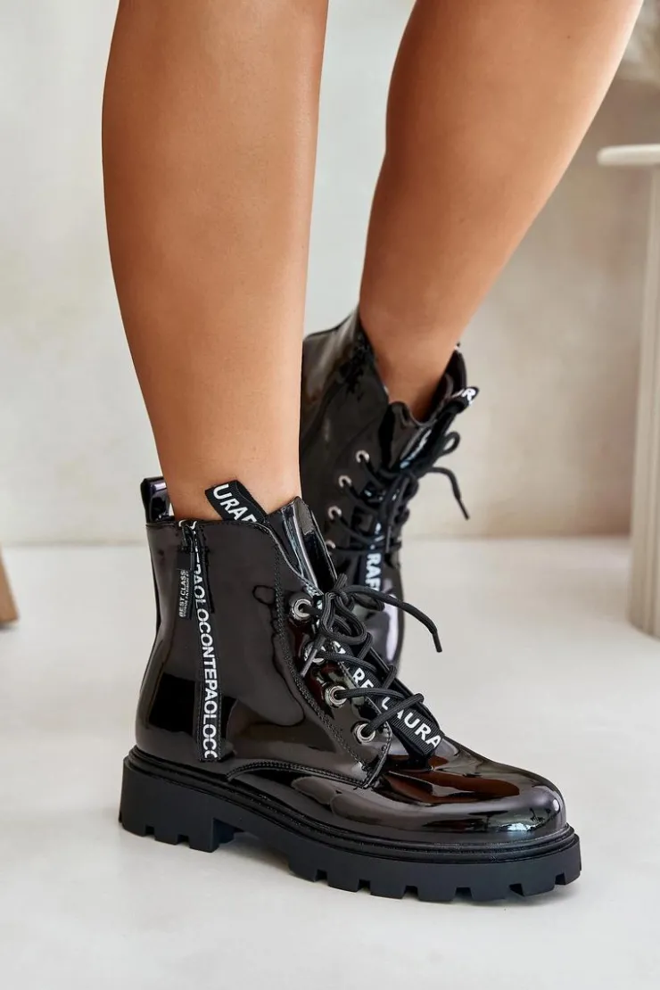 Boto Botki Sznurowane|Czarne Botki*Lakierowane Botki Workery Damskie Ocieplane Z Napisami Czarne Zinfreya