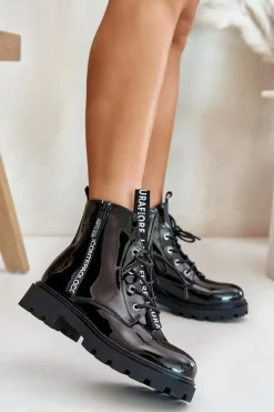 Boto Botki Sznurowane|Czarne Botki*Lakierowane Botki Workery Damskie Ocieplane Z Napisami Czarne Zinfreya