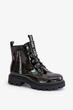 Boto Botki Sznurowane|Czarne Botki*Lakierowane Botki Workery Damskie Ocieplane Z Napisami Czarne Zinfreya