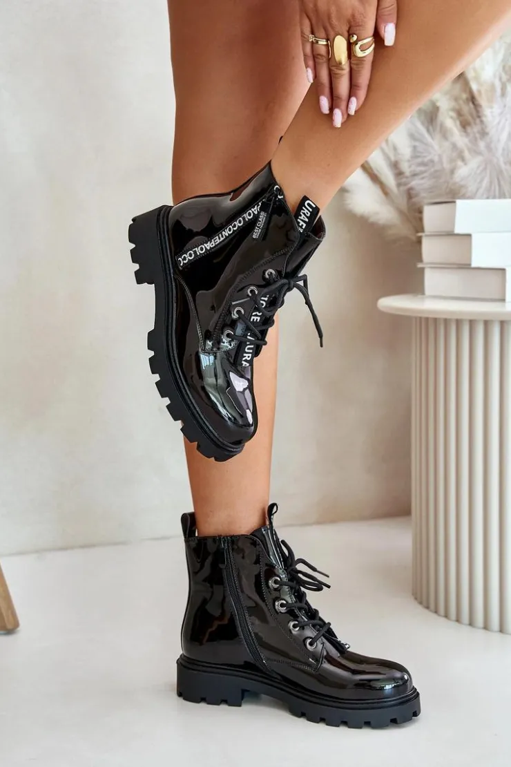 Boto Botki Sznurowane|Czarne Botki*Lakierowane Botki Workery Damskie Ocieplane Z Napisami Czarne Zinfreya