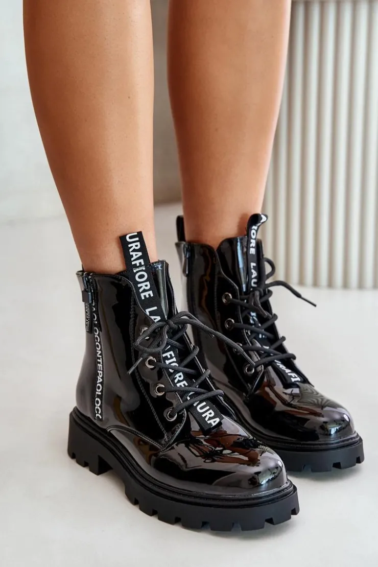 Boto Botki Sznurowane|Czarne Botki*Lakierowane Botki Workery Damskie Ocieplane Z Napisami Czarne Zinfreya