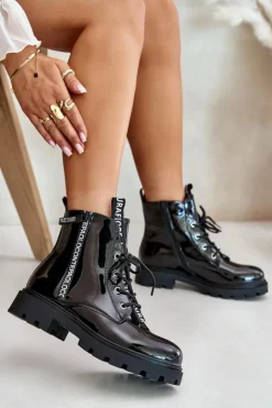 Boto Botki Sznurowane|Czarne Botki*Lakierowane Botki Workery Damskie Ocieplane Z Napisami Czarne Zinfreya