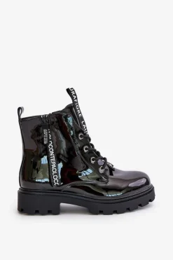 Boto Botki Sznurowane|Czarne Botki*Lakierowane Botki Workery Damskie Ocieplane Z Napisami Czarne Zinfreya