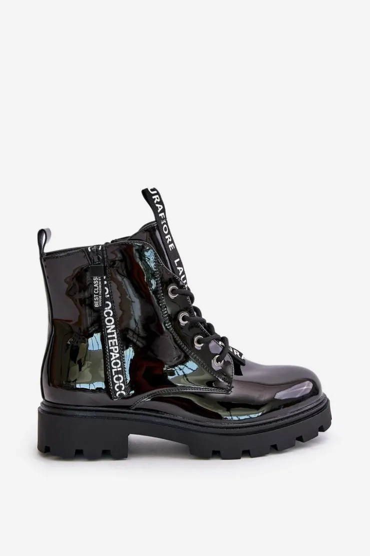 Boto Botki Sznurowane|Czarne Botki*Lakierowane Botki Workery Damskie Ocieplane Z Napisami Czarne Zinfreya