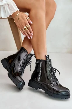 Boto Botki Sznurowane|Czarne Botki*Lakierowane Botki Workery Damskie Ocieplane Z Napisami Czarne Zinfreya