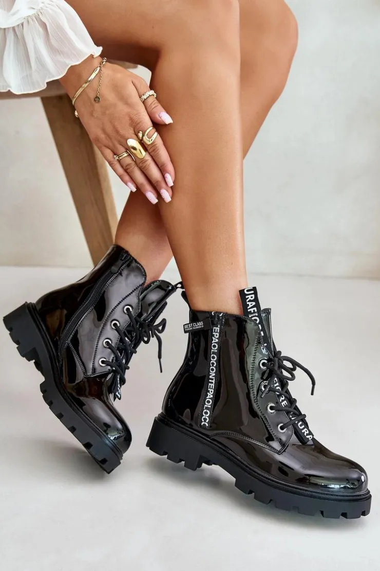 Boto Botki Sznurowane|Czarne Botki*Lakierowane Botki Workery Damskie Ocieplane Z Napisami Czarne Zinfreya