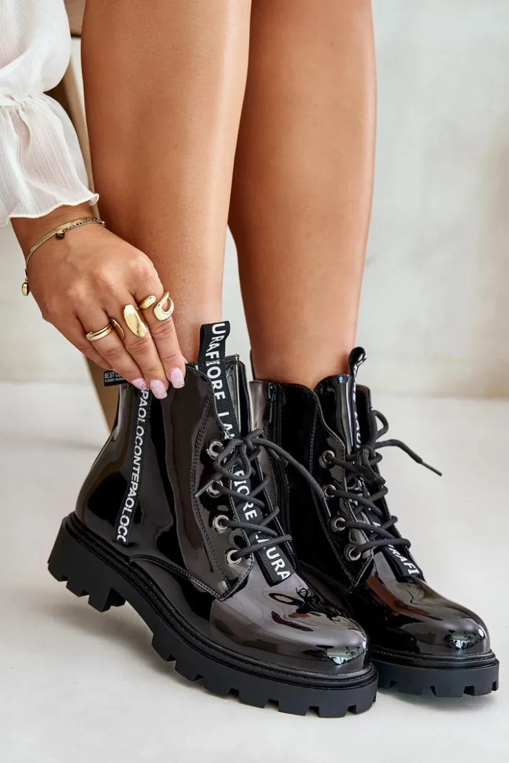 Boto Botki Sznurowane|Czarne Botki*Lakierowane Botki Workery Damskie Ocieplane Z Napisami Czarne Zinfreya