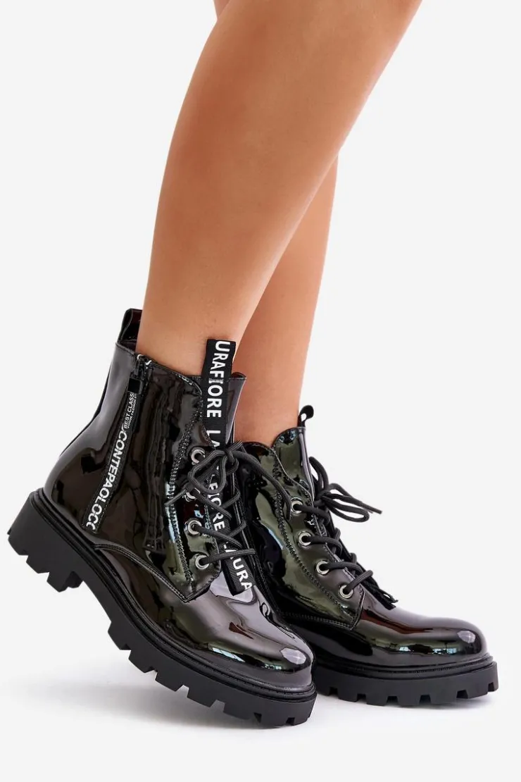 Boto Botki Sznurowane|Czarne Botki*Lakierowane Botki Workery Damskie Ocieplane Z Napisami Czarne Zinfreya