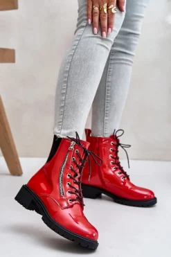 Boto Botki Sznurowane|Botki Płaskie*Lakierowane Botki Workery Na Zamek Ocieplane Czerwone Ravanthia