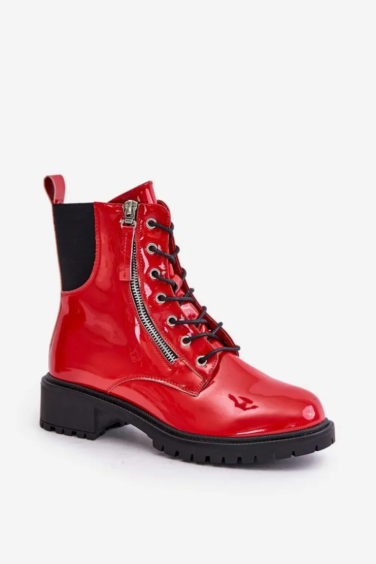 Boto Botki Sznurowane|Botki Płaskie*Lakierowane Botki Workery Na Zamek Ocieplane Czerwone Ravanthia