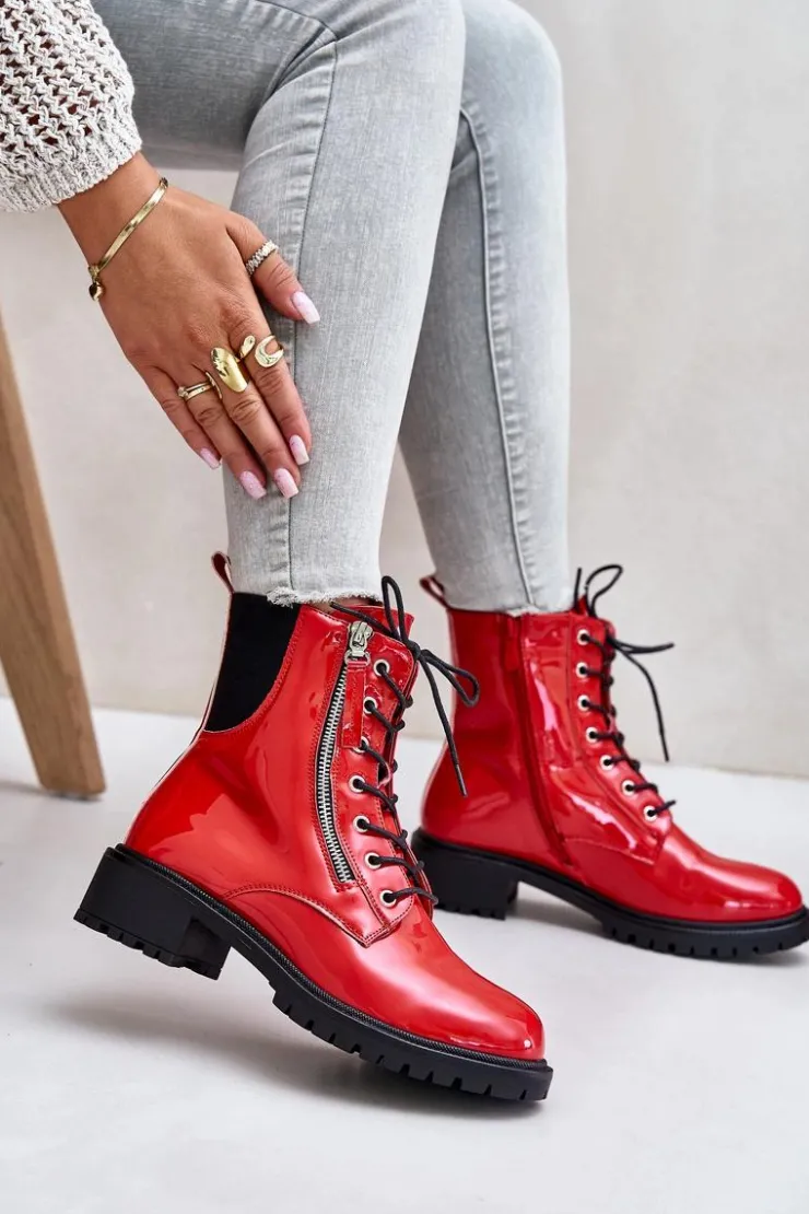 Boto Botki Sznurowane|Botki Płaskie*Lakierowane Botki Workery Na Zamek Ocieplane Czerwone Ravanthia