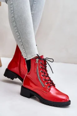 Boto Botki Sznurowane|Botki Płaskie*Lakierowane Botki Workery Na Zamek Ocieplane Czerwone Ravanthia