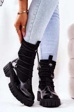 Clearance Boto Lakierowane Botki Workery Ze Skarpetą Czarne Connor