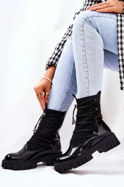 Clearance Boto Lakierowane Botki Workery Ze Skarpetą Czarne Connor