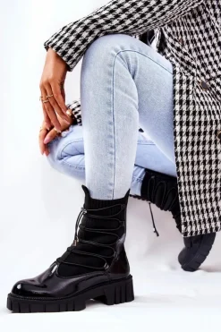 Clearance Boto Lakierowane Botki Workery Ze Skarpetą Czarne Connor