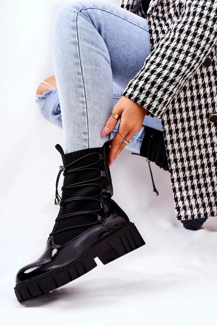 Clearance Boto Lakierowane Botki Workery Ze Skarpetą Czarne Connor