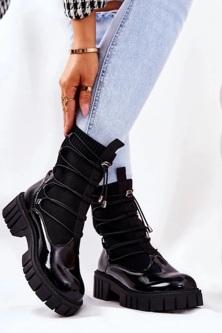 Clearance Boto Lakierowane Botki Workery Ze Skarpetą Czarne Connor