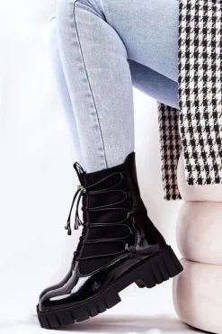 Clearance Boto Lakierowane Botki Workery Ze Skarpetą Czarne Connor