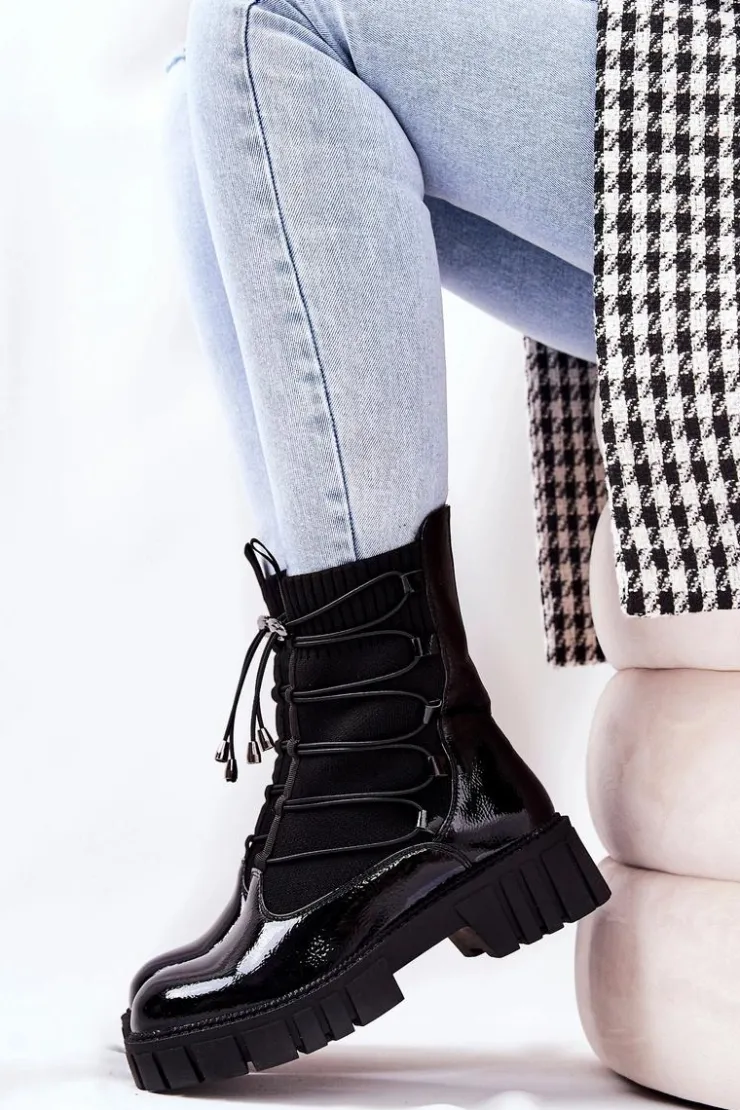 Clearance Boto Lakierowane Botki Workery Ze Skarpetą Czarne Connor