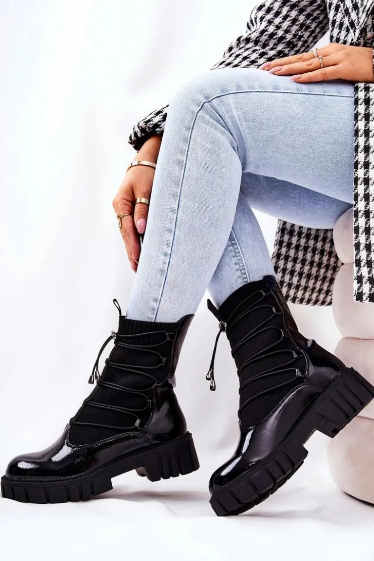 Clearance Boto Lakierowane Botki Workery Ze Skarpetą Czarne Connor