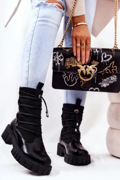 Clearance Boto Lakierowane Botki Workery Ze Skarpetą Czarne Connor