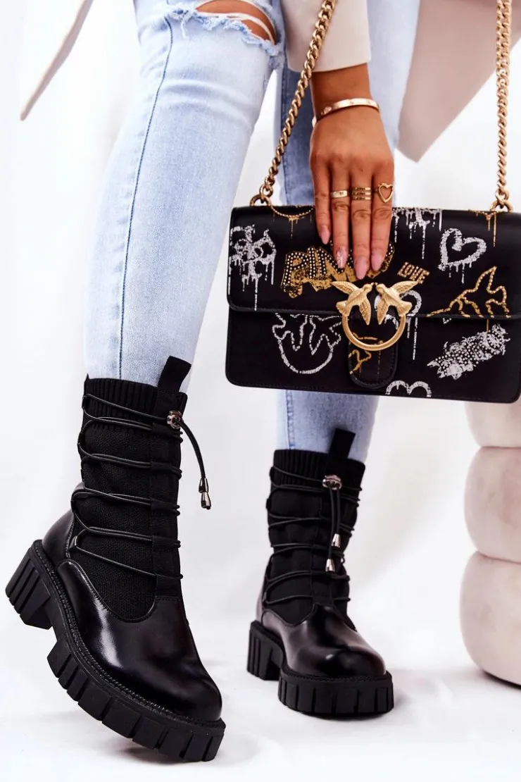 Clearance Boto Lakierowane Botki Workery Ze Skarpetą Czarne Connor