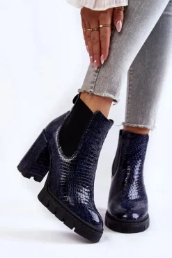Sale Boto Lakierowane Botki Wężowy Wzór Na Słupku Granatowe Eldey