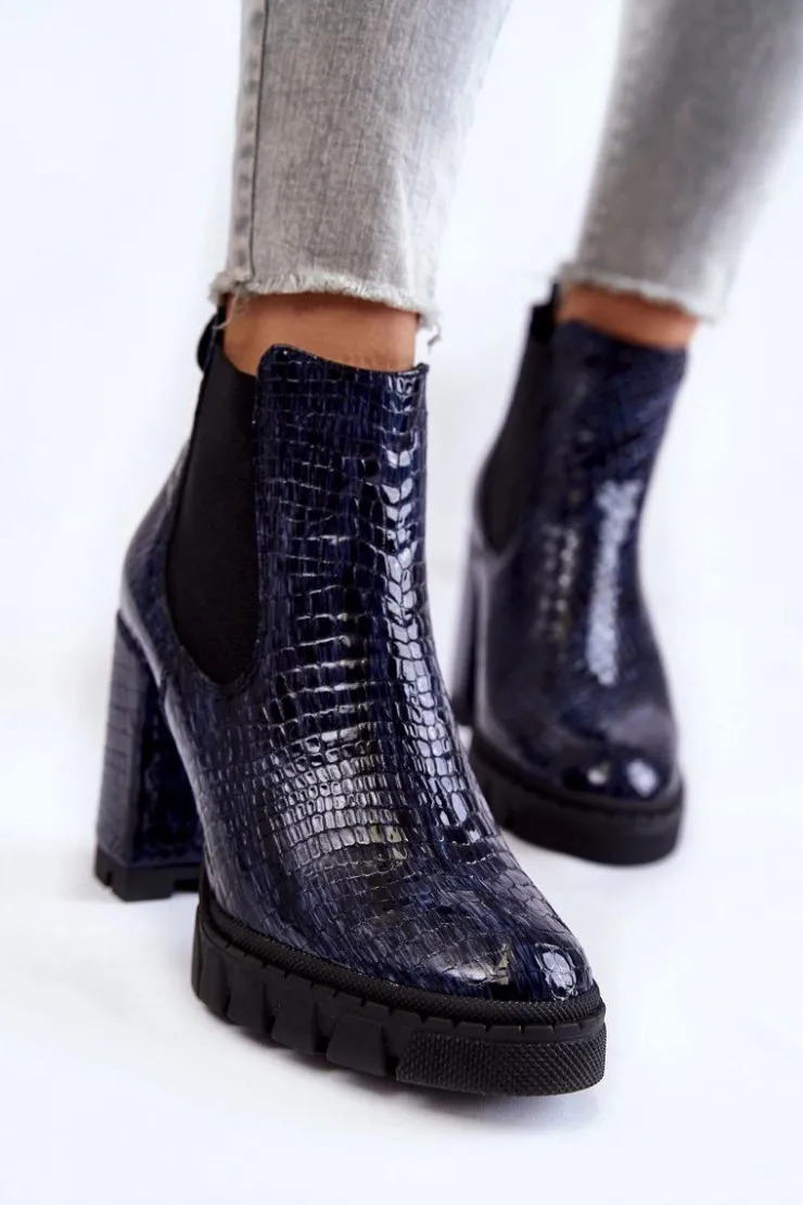 Sale Boto Lakierowane Botki Wężowy Wzór Na Słupku Granatowe Eldey