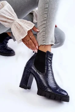 Sale Boto Lakierowane Botki Wężowy Wzór Na Słupku Granatowe Eldey