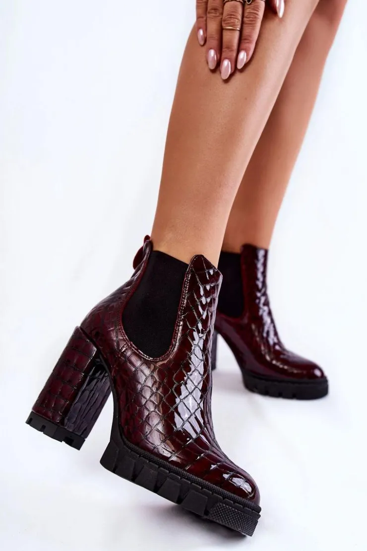 Boto Botki Ocieplane|Damskie Trapery*Lakierowane Botki Wężowy Wzór Na Słupku Bordowe Eldey Czerwony