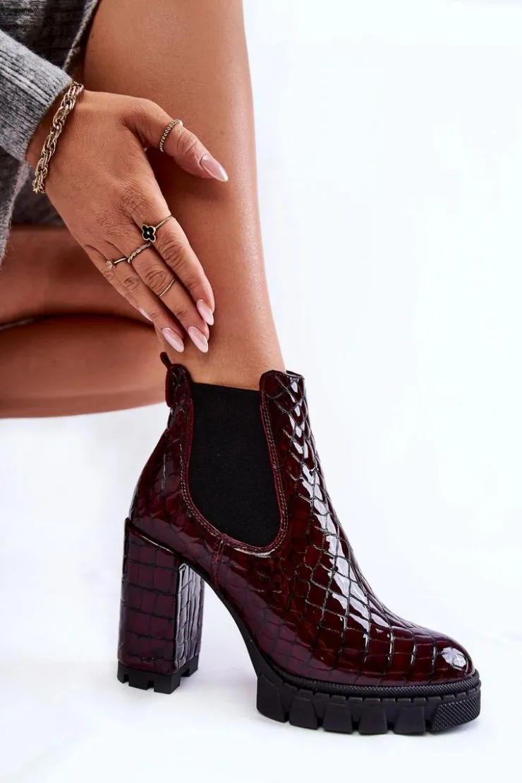 Boto Botki Ocieplane|Damskie Trapery*Lakierowane Botki Wężowy Wzór Na Słupku Bordowe Eldey Czerwony