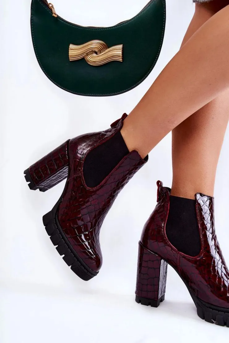 Boto Botki Ocieplane|Damskie Trapery*Lakierowane Botki Wężowy Wzór Na Słupku Bordowe Eldey Czerwony