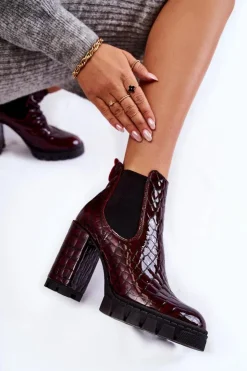 Boto Botki Ocieplane|Damskie Trapery*Lakierowane Botki Wężowy Wzór Na Słupku Bordowe Eldey Czerwony