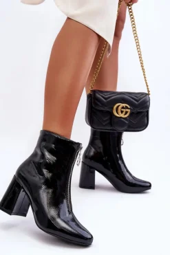 Boto Botki Na Słupku|Czarne Botki*Lakierowane Botki Z Ozdobnym Zamkiem Czarne Sevil