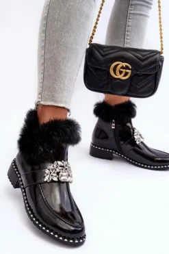 Clearance Damskie buty S.Barski Lakierowane Botki Z Ozdobą I Futerkiem S.Barski MR870-73 Czarne