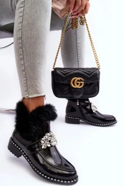 Clearance Damskie buty S.Barski Lakierowane Botki Z Ozdobą I Futerkiem S.Barski MR870-73 Czarne