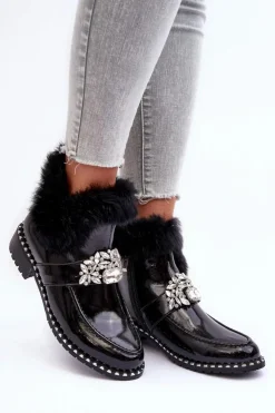 Clearance Damskie buty S.Barski Lakierowane Botki Z Ozdobą I Futerkiem S.Barski MR870-73 Czarne