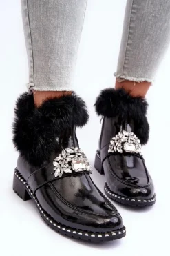 Clearance Damskie buty S.Barski Lakierowane Botki Z Ozdobą I Futerkiem S.Barski MR870-73 Czarne