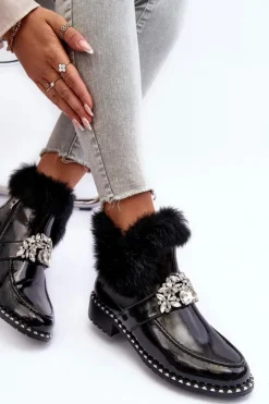 Clearance Damskie buty S.Barski Lakierowane Botki Z Ozdobą I Futerkiem S.Barski MR870-73 Czarne