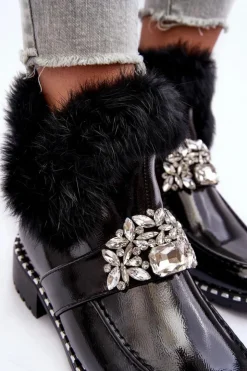 Clearance Damskie buty S.Barski Lakierowane Botki Z Ozdobą I Futerkiem S.Barski MR870-73 Czarne