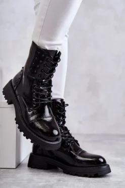 Boto Lakierowane Botki Z Ćwiekami Czarne Palmira