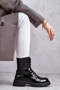 Boto Lakierowane Botki Z Ćwiekami Czarne Palmira