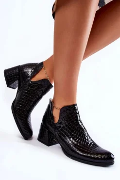 Clearance Boto Lakierowane Botki Z Wycięciami Krokodyli Wzór Czarne Dalros